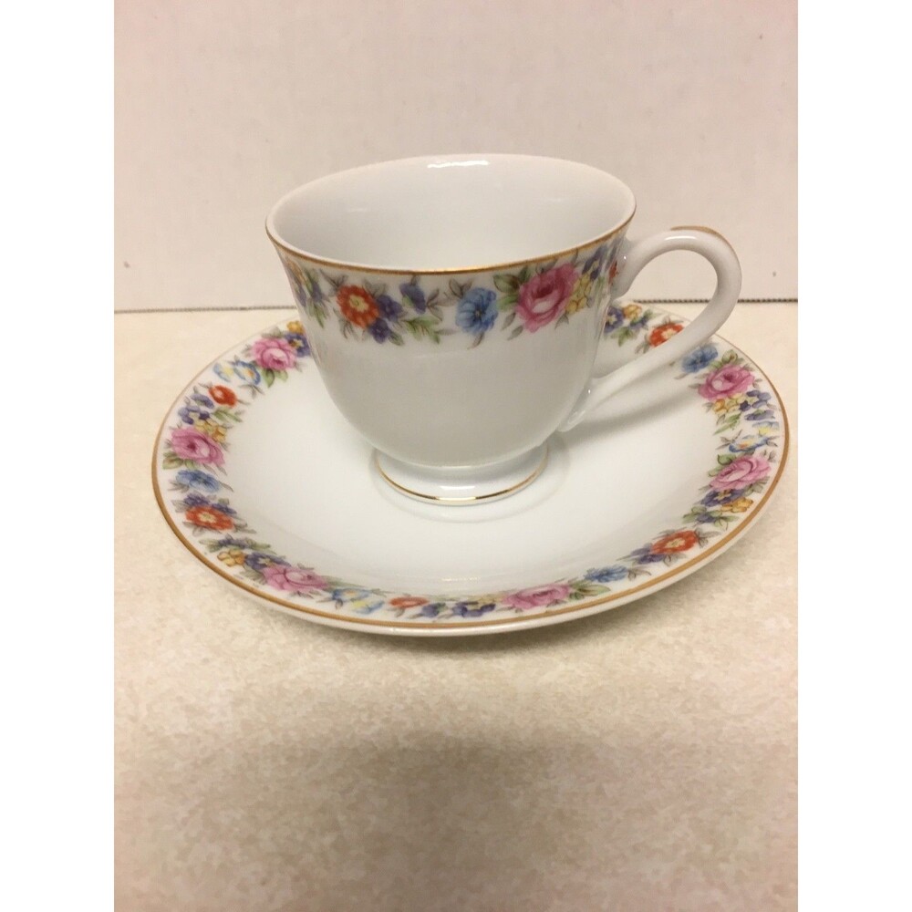 Tea cup and Saucer, Cherry China made in Occupied Japan Flowers With Gold Trim